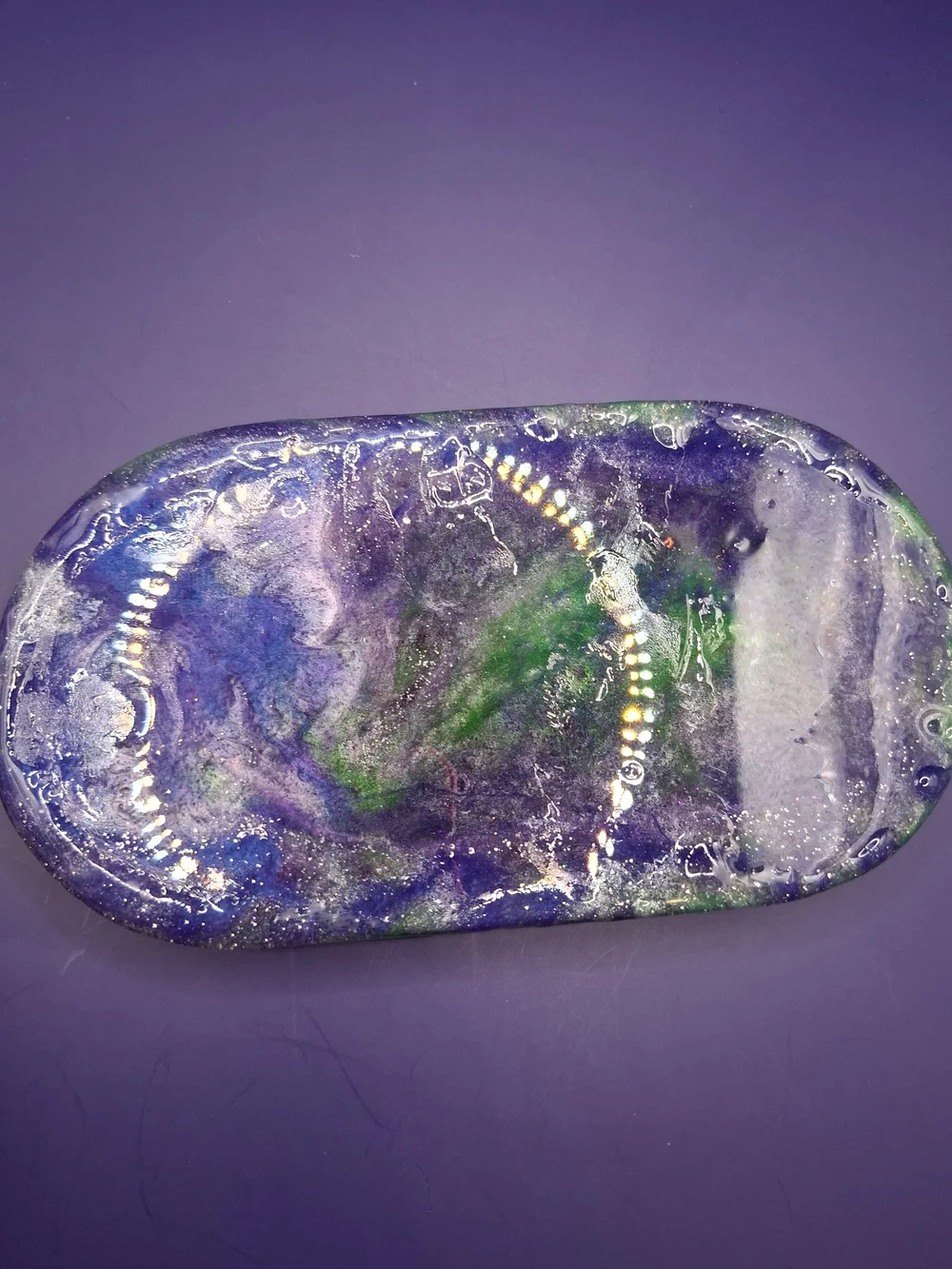 Handmade Resin Trinket Tray with Gold Flower Accents - Green & Purple